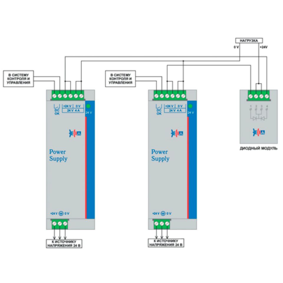 Схема подключения с резервированием EF А 24DC/24DC-4