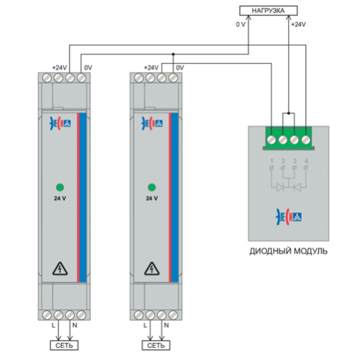 Схема подключения с резервированием EF A 1AC-24DC-1